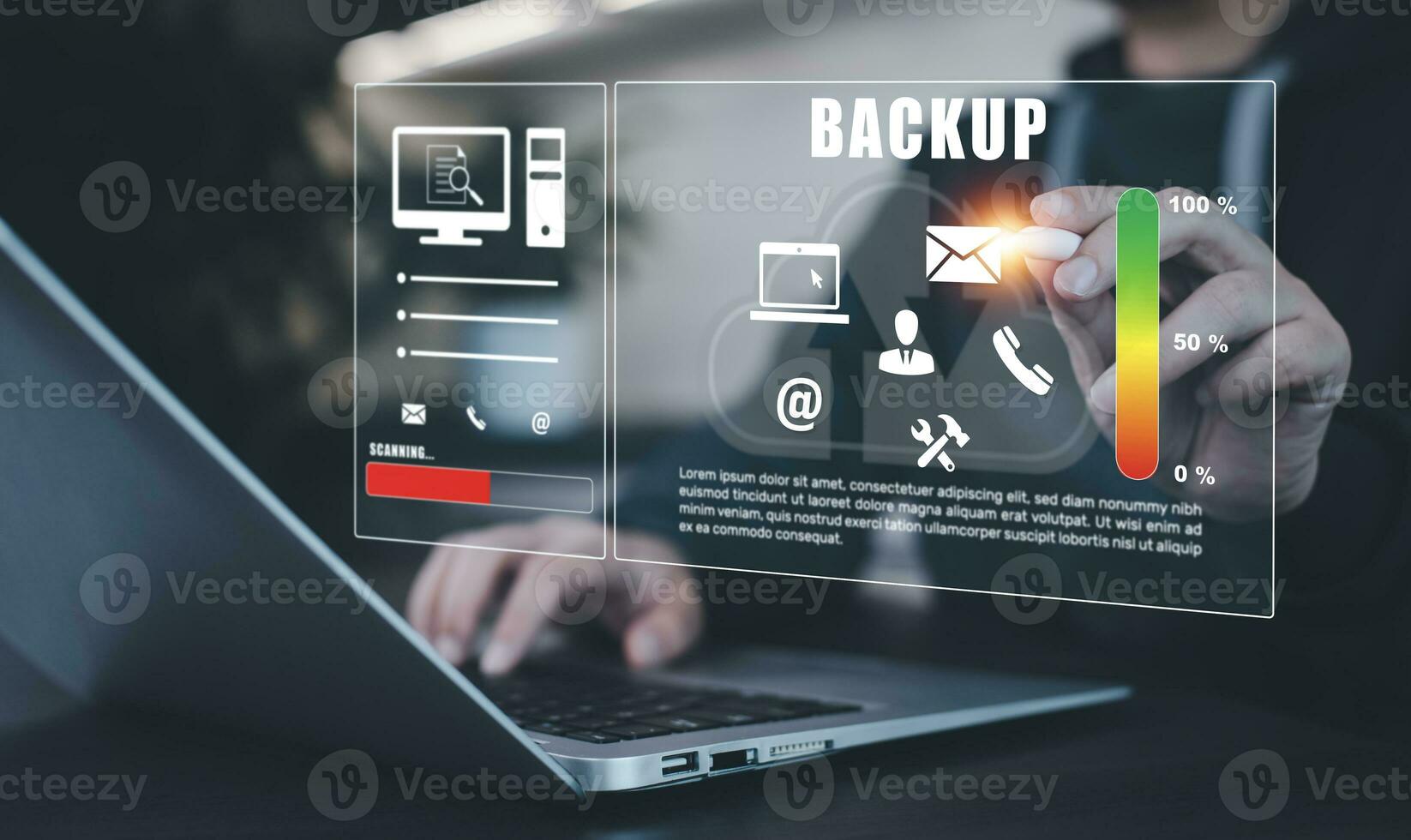 Software Internet data storage backup, Businessman using a computer to backup storage data Internet technology for backup online documentation database and digital file storage system, sharing Folder. photo