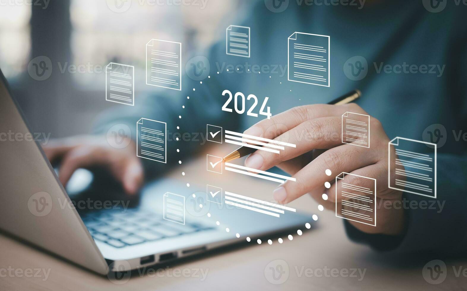 2024 and checklist and clipboard task documentation management, business people working laptop checklist questionnaire assessment form, online survey online exam Choosing the right answer in the exam photo