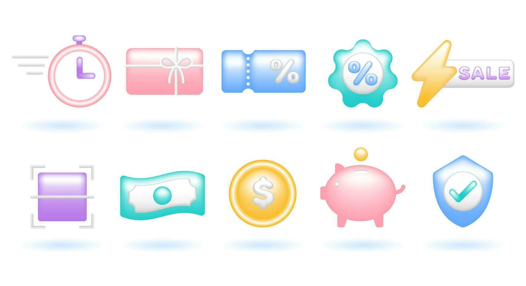 3D Icon Set of Shopping Promotion Concept. Stopwatch, Gift Card, Voucher, Flash Sale, Money Piggy Bank, Shield. Cute Realistic Cartoon Minimal Style. 3D Render Vector Icons UX UI Isolated Illustration