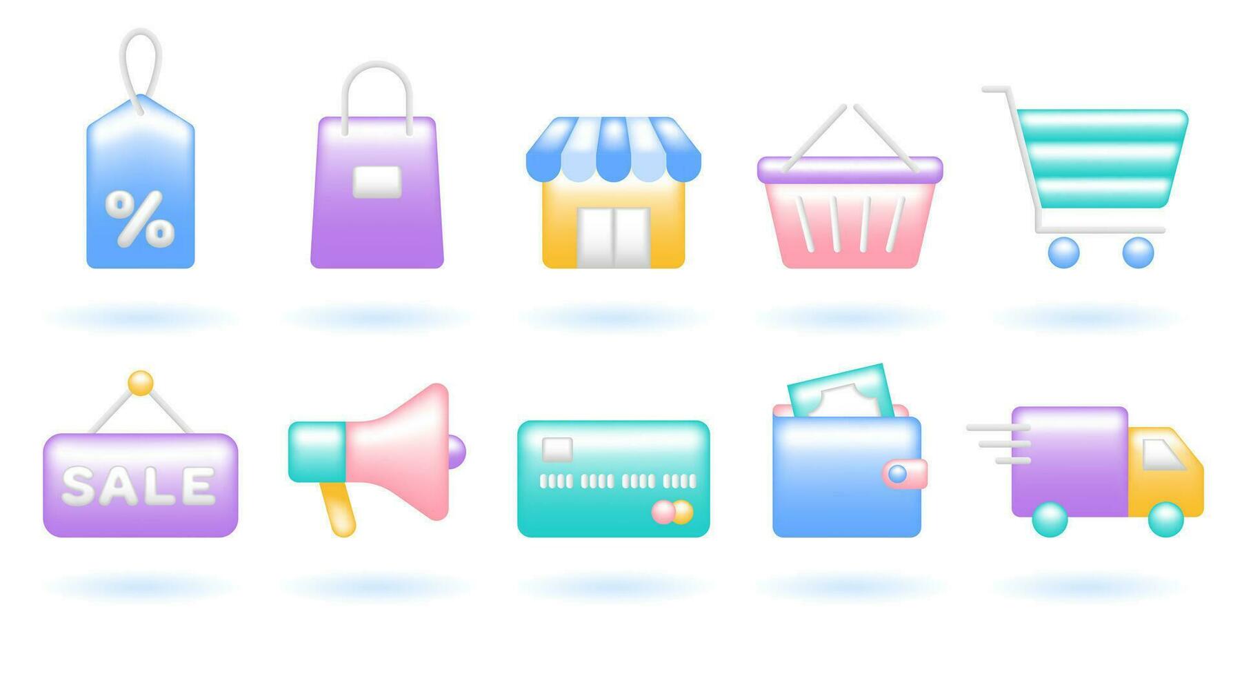 3D Icon Set of Online Shopping Concept. Tag, Bag, Shop, Cart, Trolley, Sale, Megaphone, Card, Wallet, Truck. Cute Realistic Cartoon Minimal Style. 3D Render Vector Icons UX UI Isolated Illustration.