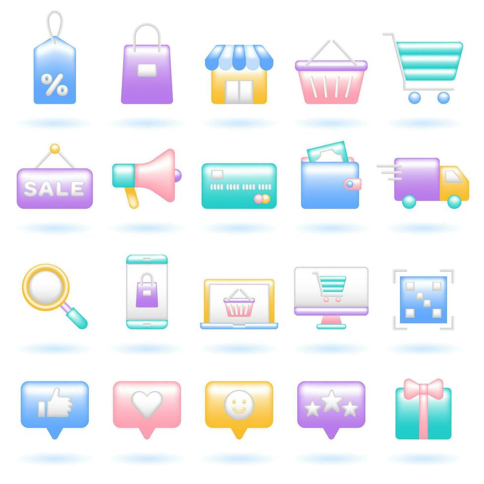 3D Icon Set of Online Shopping Concept. Payment Delivery Satisfaction. Glossy Glass Plastic Pastel Color. Cute Realistic Cartoon Minimal Style. 3D Render Vector Icons UX UI Isolated Illustration.