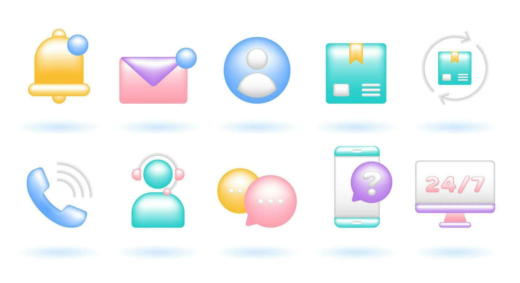 3D Icon Set of Customer Service Concept. Bell, Email, Profile, Package, Return, Phone, Call Center, Chat, 247. Cute Realistic Cartoon Minimal Style. 3D Render Vector Icons UX UI Isolated Illustration.