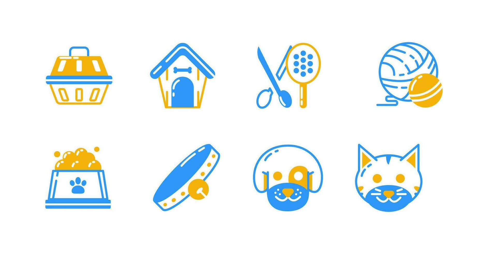 Cute pet shop vector graphic icon. Dogs, cats, cages, houses, food, collars, balls and grooming tools. Suitable for websites and patterns