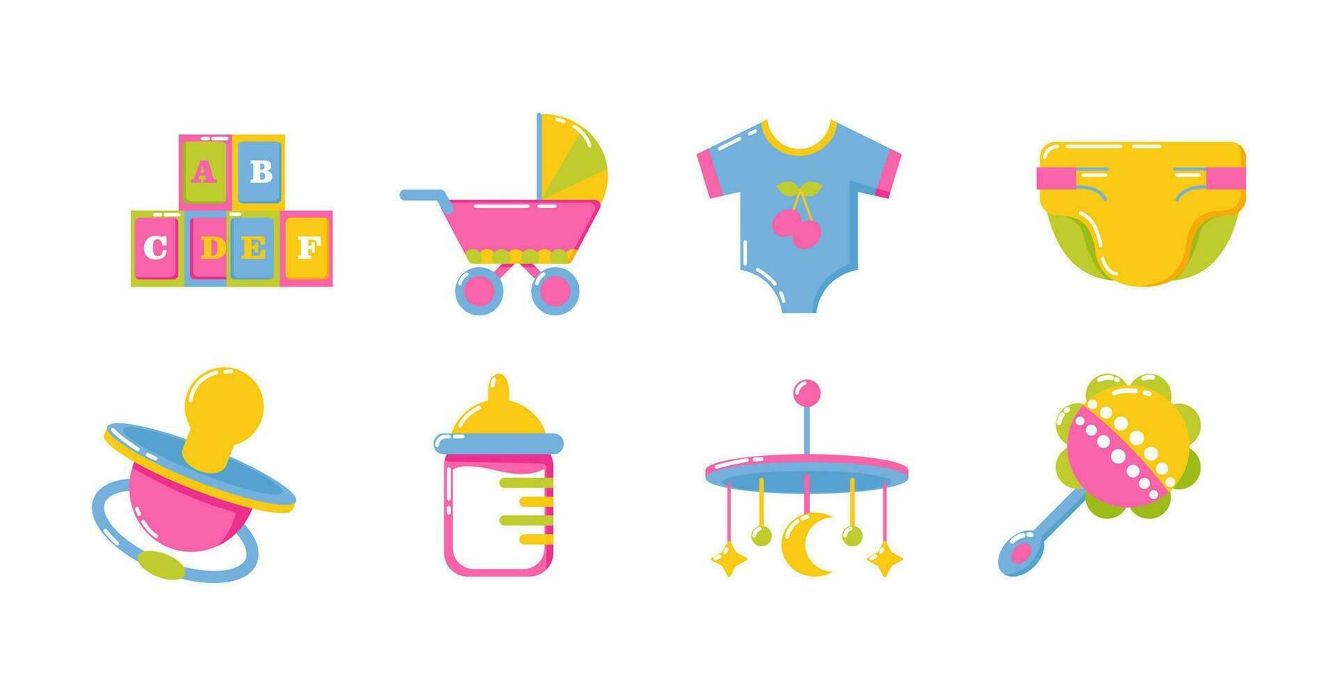 Newborn baby accessories and gear icons. Strollers, toys, clothes, pacifiers, feeding bottles and pampers. Suitable for websites and patterns vector