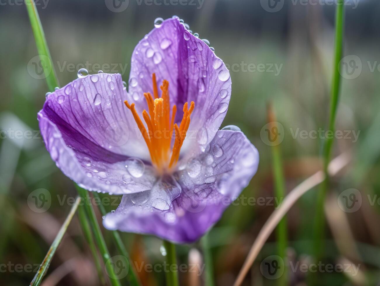 Purple Crocus in Bloom with Dew Drops on Petals, Close-up Shot with Shallow Depth of Field and Blurred Background - photo