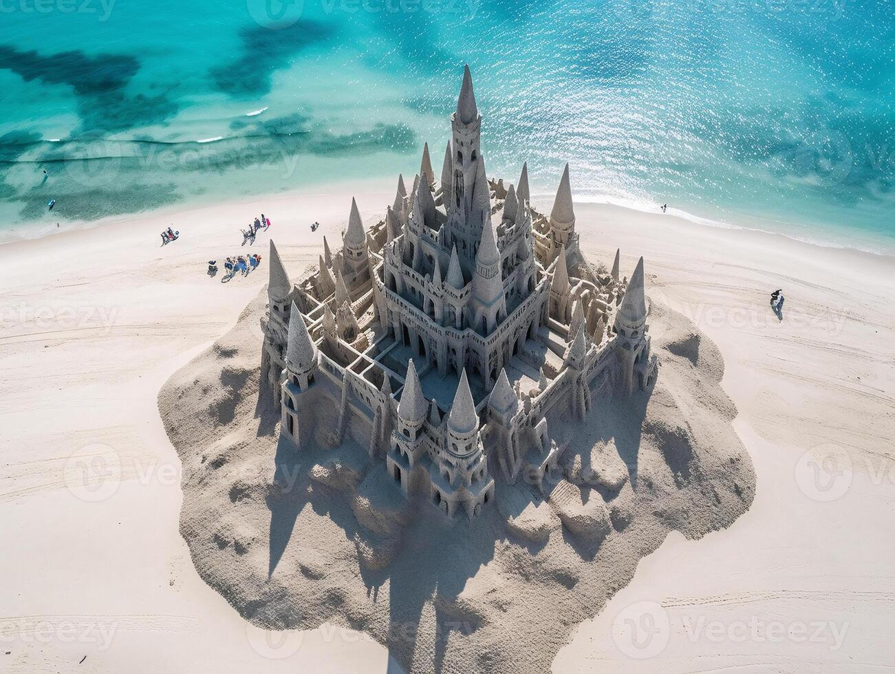 Aerial Views of a Delicate Sandcastle Against the Ocean Horizon - photo
