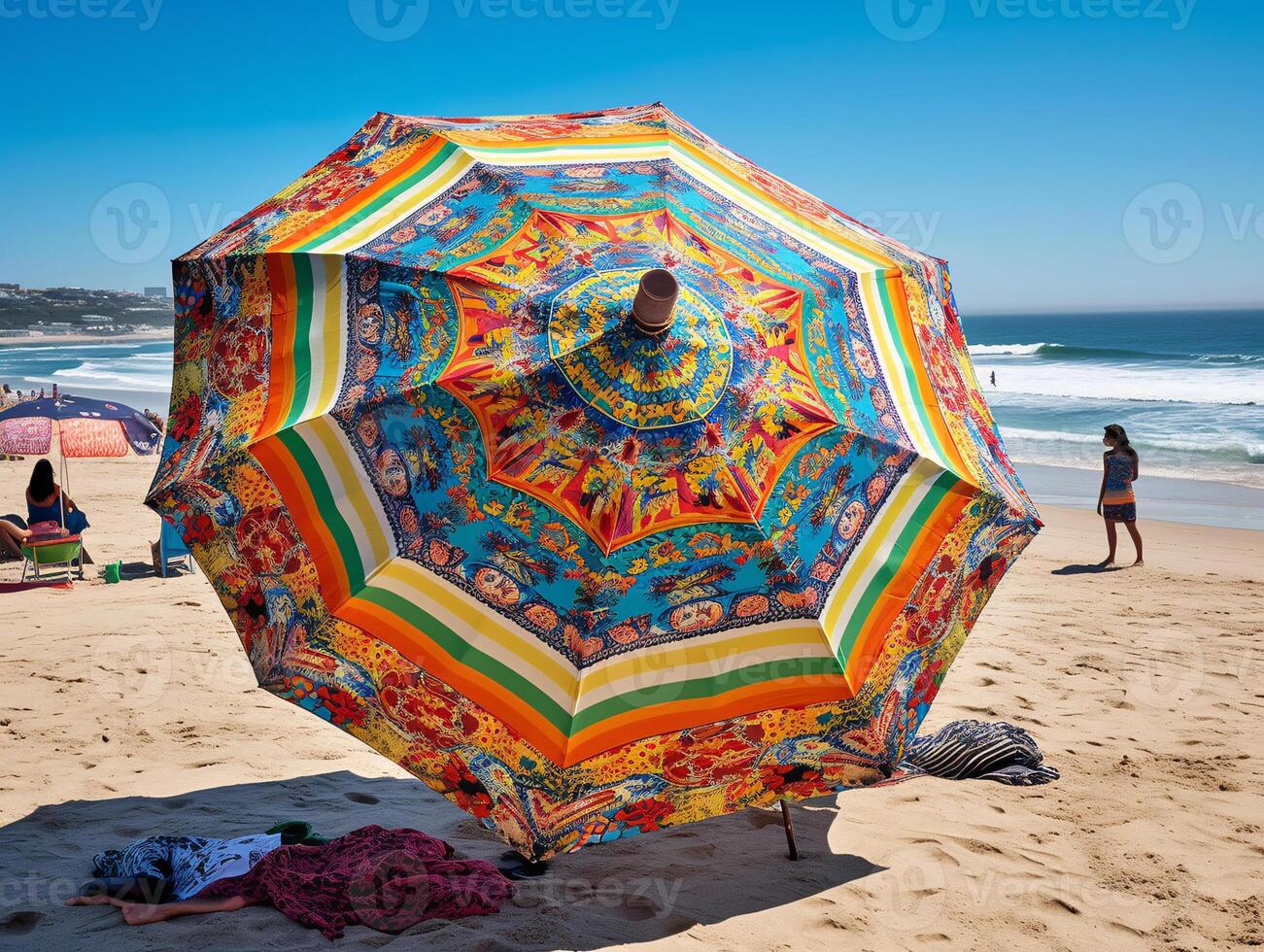 Sandy Serenity - A Vibrant Umbrella Against a Rolling Ocean - photo
