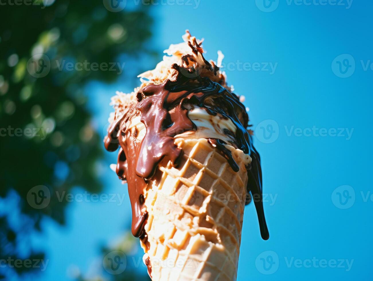 Melting ice cream cone with vanilla and chocolate drips on blue sky and green trees background - AI generated photo