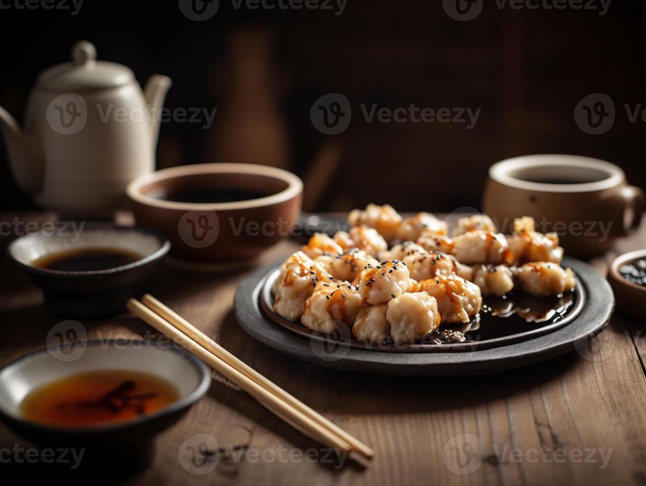 Chinese Dumplings on Rustic Wooden Table with Chopsticks and Soy Sauce - photo
