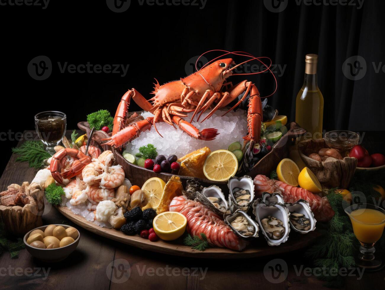 opulento Mariscos plato con Rey cangrejo piernas, langosta cruz, y camarón cóctel en hielo - ai generado foto