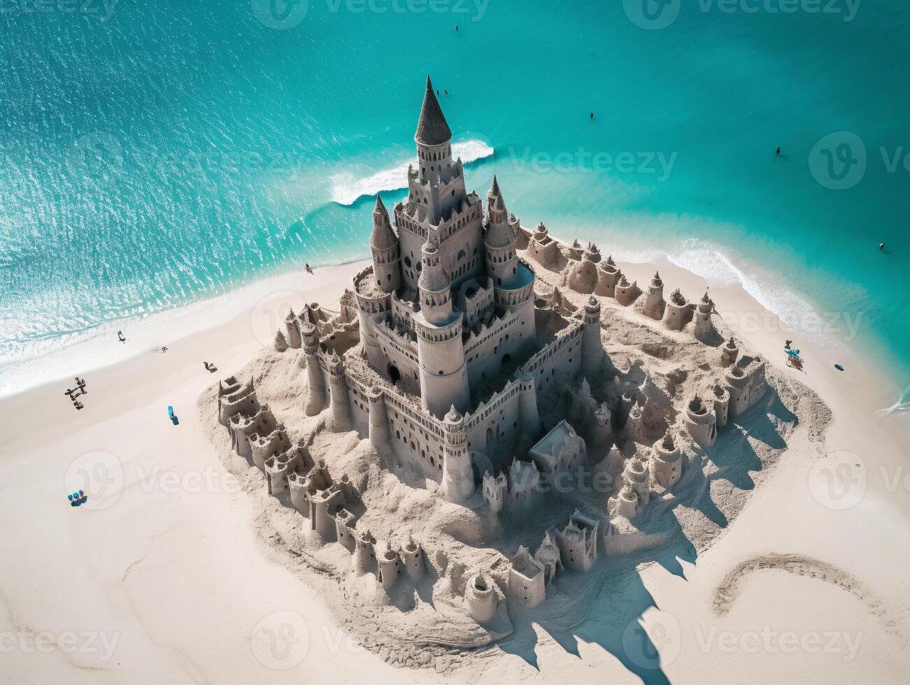 Drone aerial view of intricate sandcastle on turquoise beach with ocean backdrop - photo