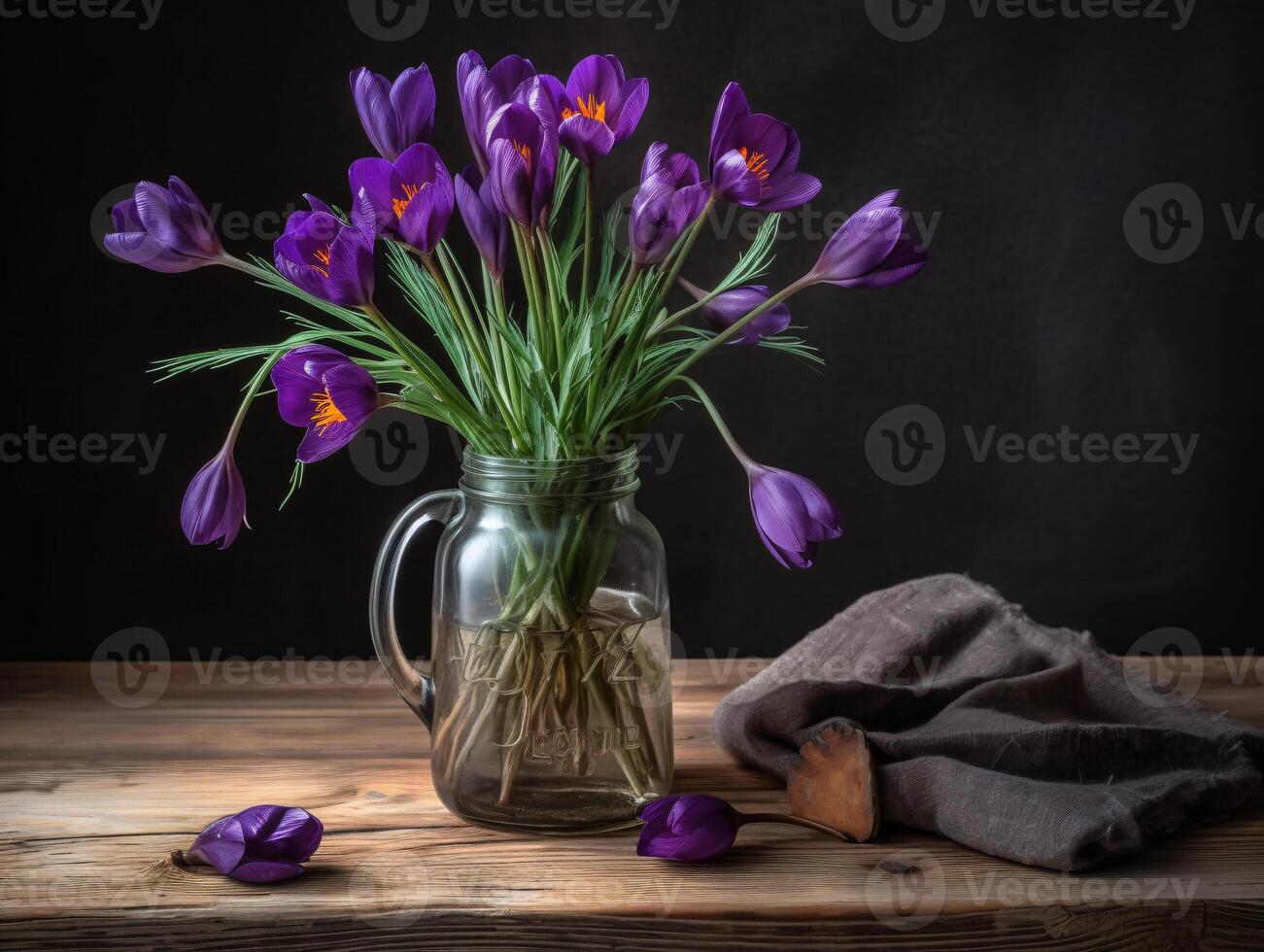 Bouquet of Purple Crocuses in Vintage Vase on Rustic Wooden Table with Soft Natural Light - photo