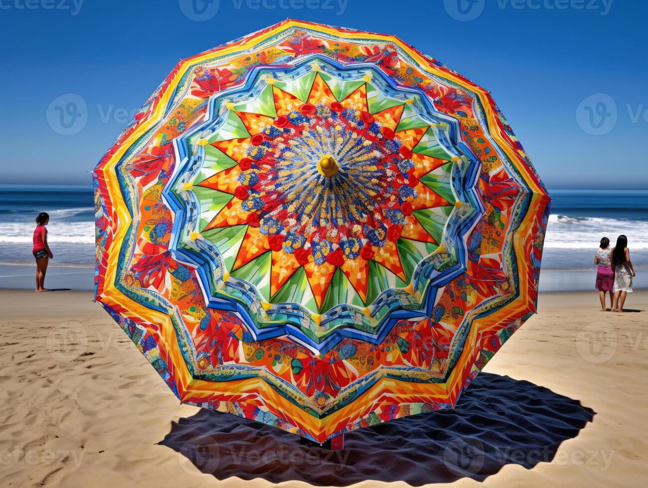 Colorful Beach Umbrella on Sandy Shore During Sunny Day with Ocean Waves and People in Background - photo