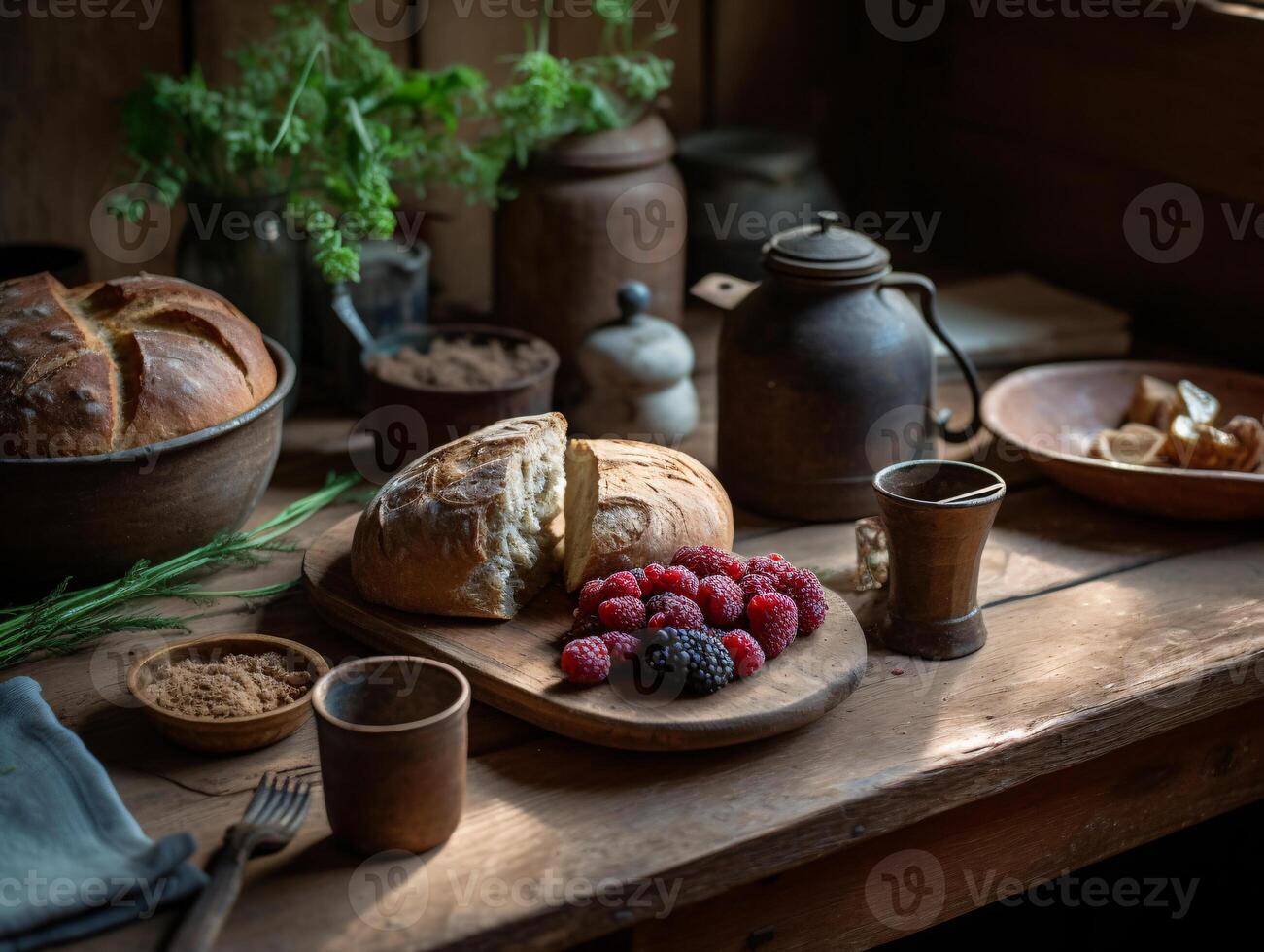 Farm-to-Table Breakfast - Freshly Baked Bread, Homemade Jam, and Coffee on Rustic Wooden Table - AI generated photo