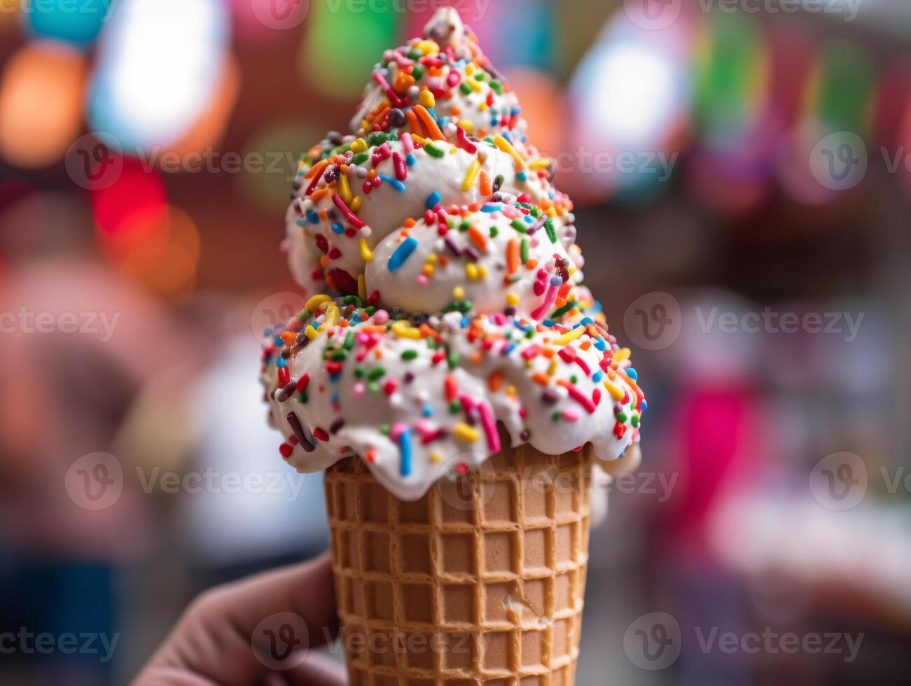 Melting ice cream cone with colorful sprinkles on hot summer day, close-up shot with shallow depth of field and blurred background - photo