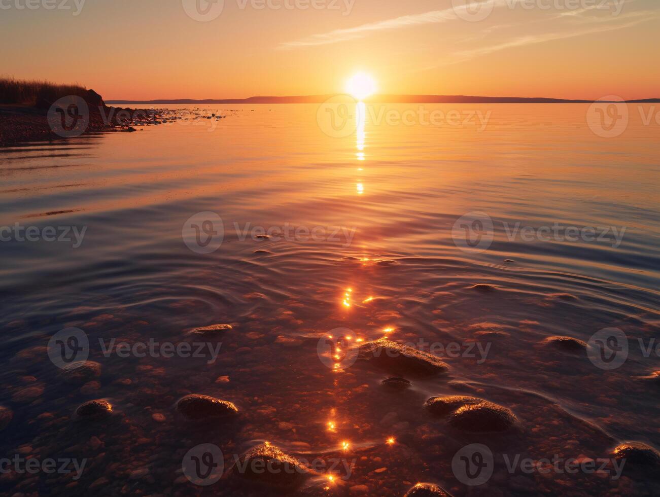 Sunset over calm ocean waters with warm hues and mesmerizing reflections - photo
