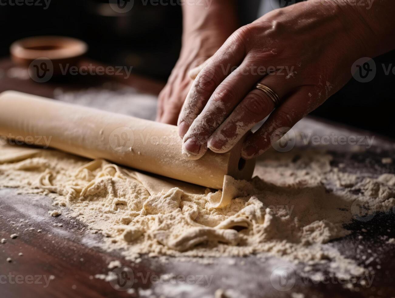 Pasta Making - Hand Rolling Dough with Wooden Rolling Pin, Flour, Close-up - photo