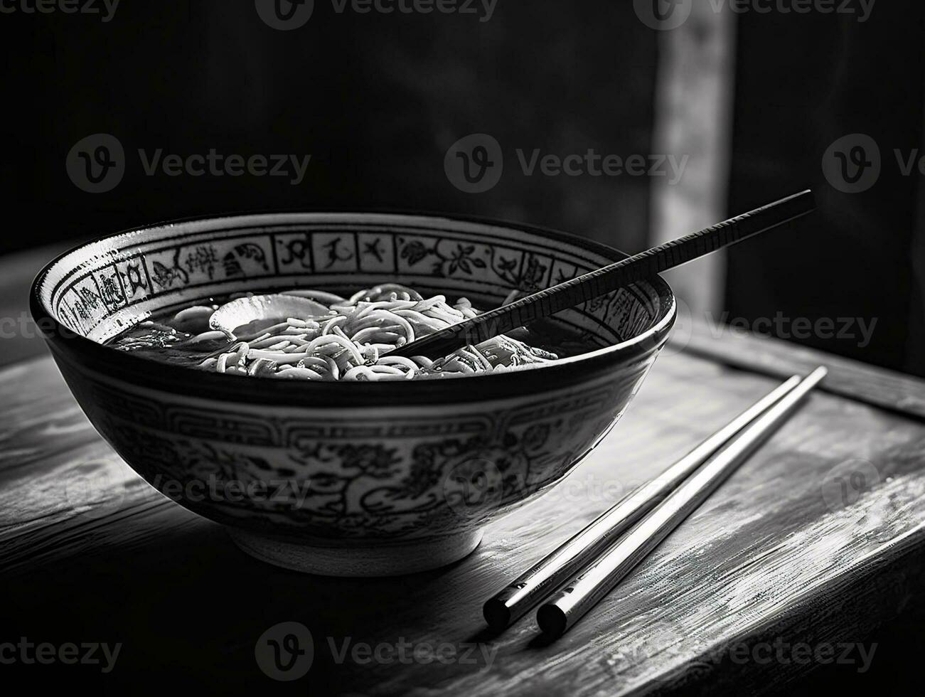 saboreando el momento - un negro y blanco fotografía de un meditativo comida - ai generado foto