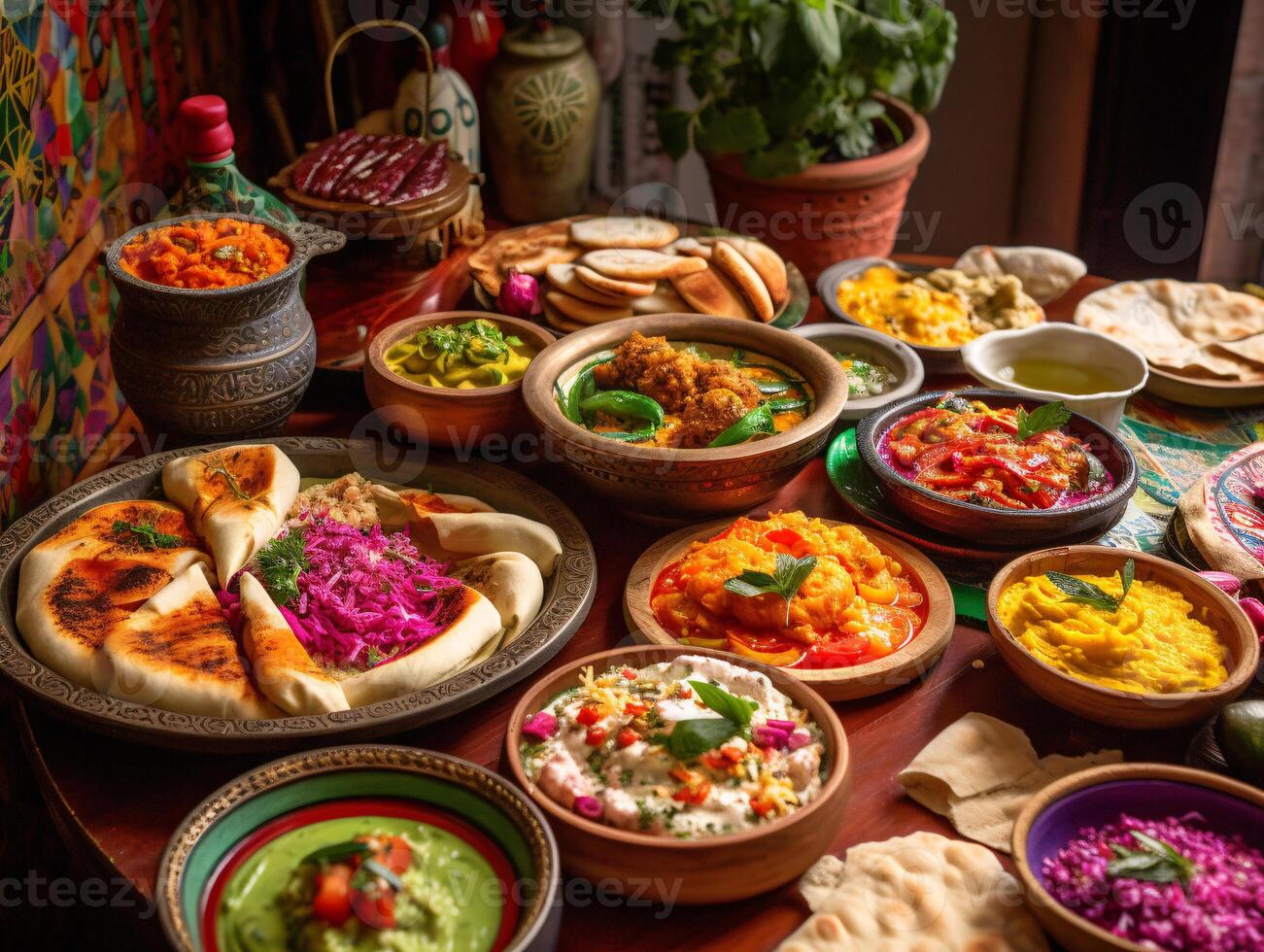 Vibrant Mediterranean Mezze Platters with Grilled Meats, Fresh Pita Bread, and Colorful Dips in a Bazaar Setting - photo