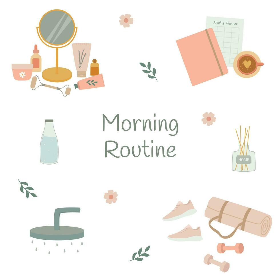Morning routine elements set. Planning task list, fitness equipment, shower, beauty care cosmetic products vector