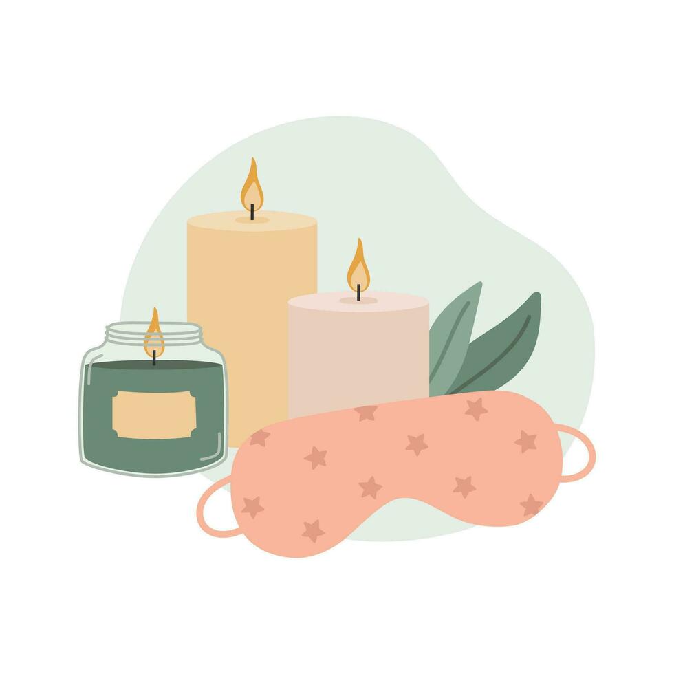 Set of burning candles and sleeping mask. Doodle style. Template for relax and spa design vector