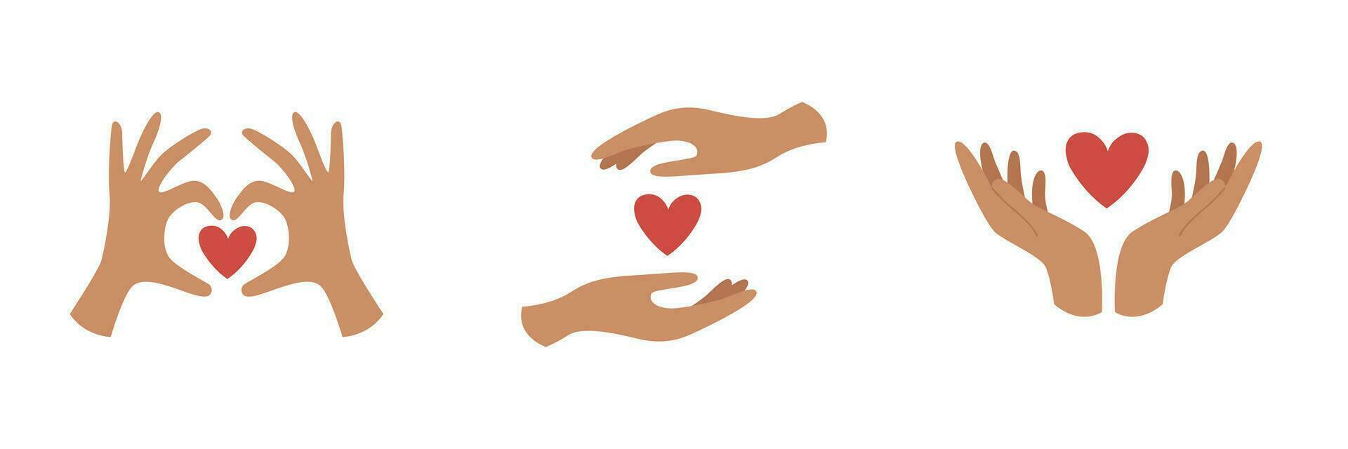 Set of hands holding hearts. Love, care and empathy concept. vector