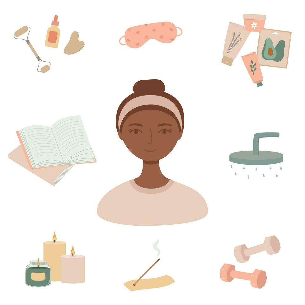 Young woman and evening routine elements set. Books, fitness tools, shower, candles, beauty care cosmetic products. vector