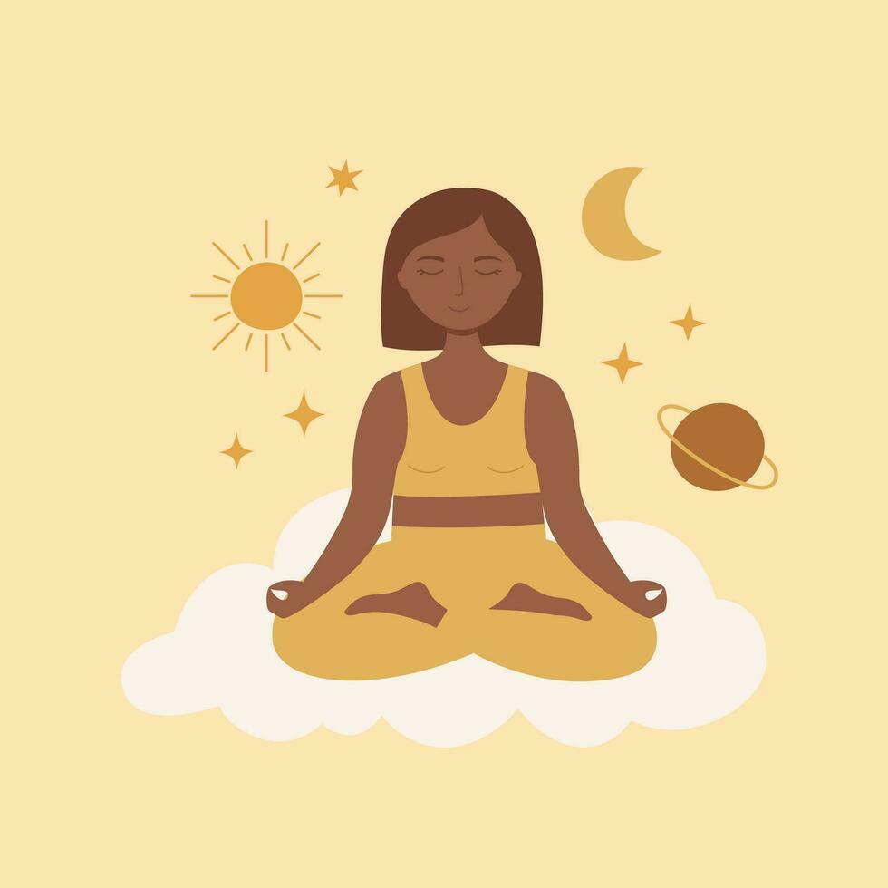 Young woman sits cross-legged and meditates. Zen, harmony concepts vector