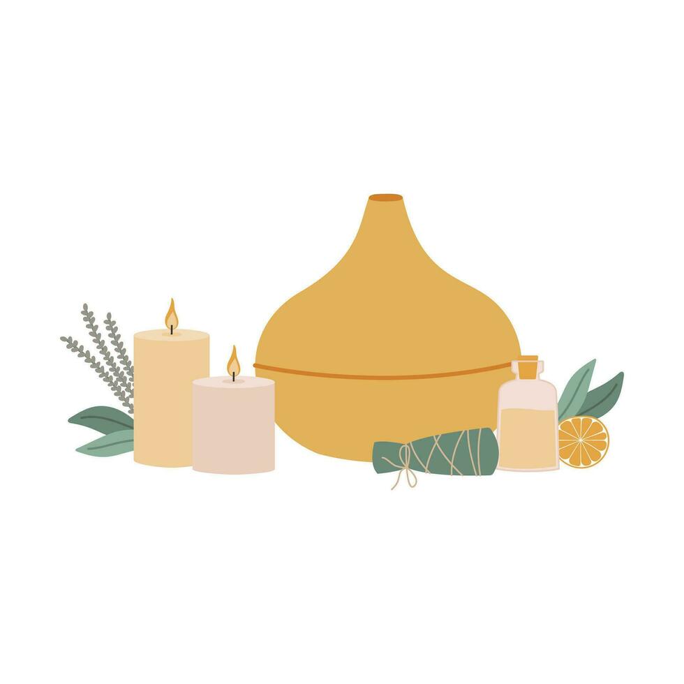 Natural products aromatherapy. Essential oil diffuser, candles, oil and herbs. Isolated vector illustration