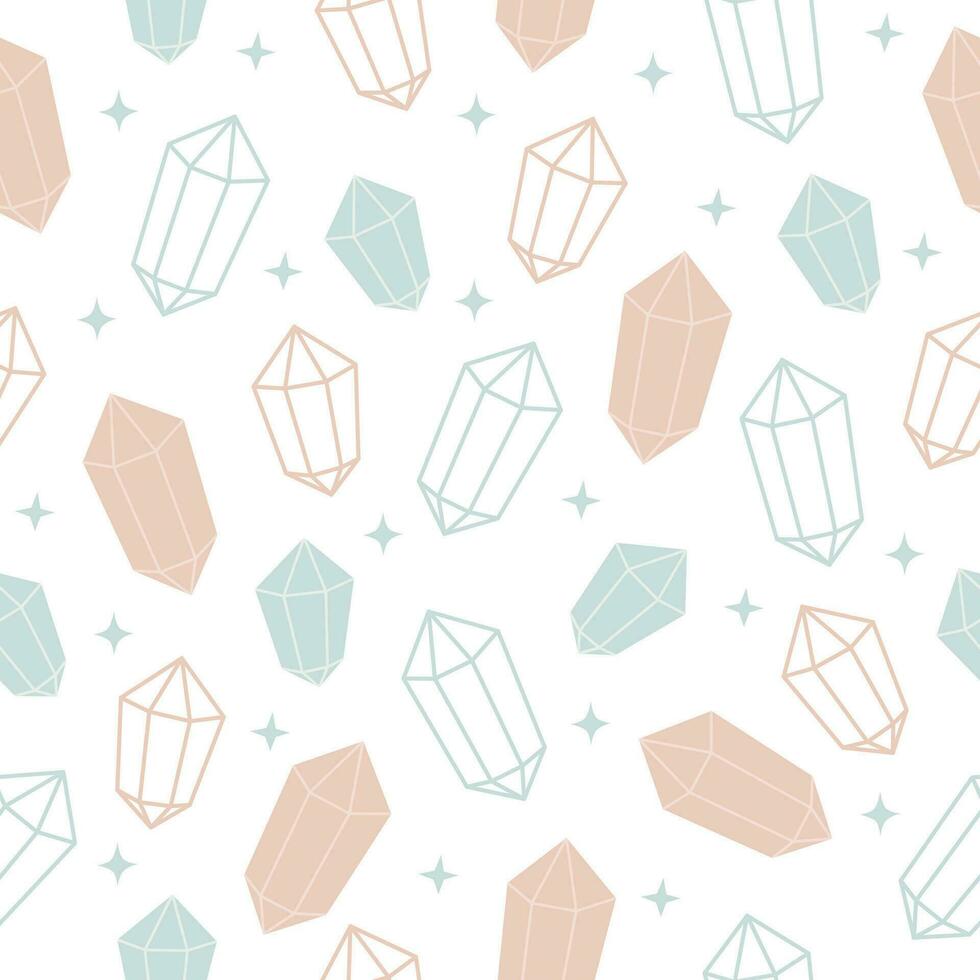 Crystal seamless pattern. Pastel gemstones and stars on white background. vector