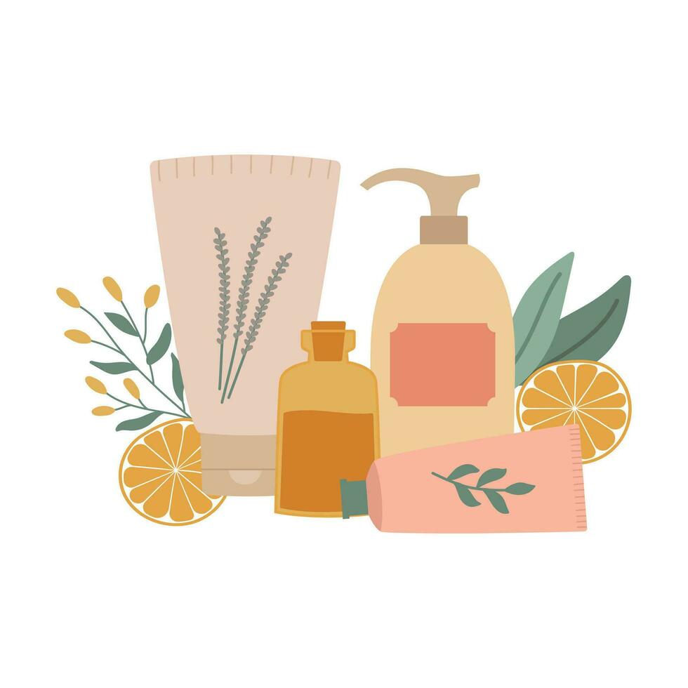 Natural organic cosmetic products. Tubes, bottles, orange slices and leaves. Isolated vector illustration