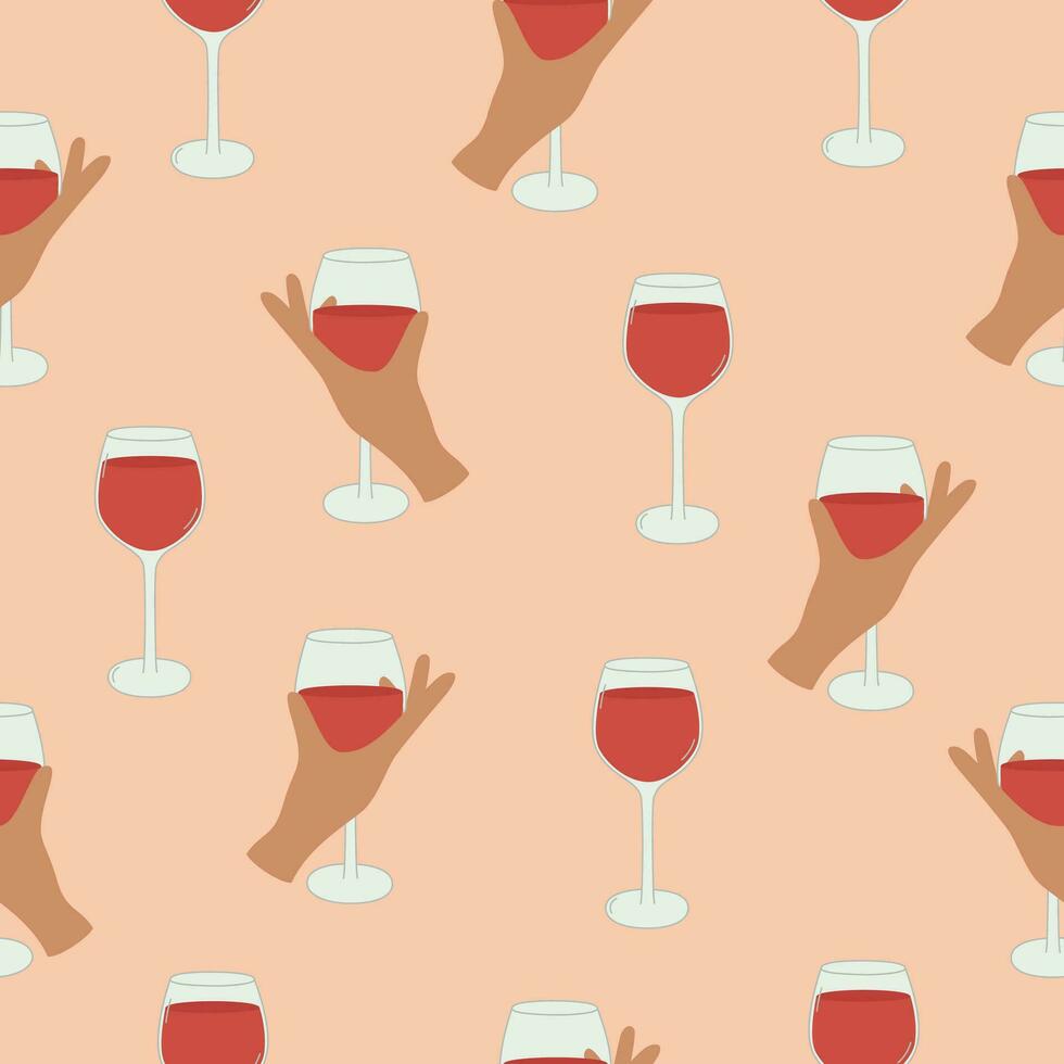 Seamless pattern with female hand holding glass of wine. Cocktail, fresh beverage, juice background. Hand drawn cartoon style. vector