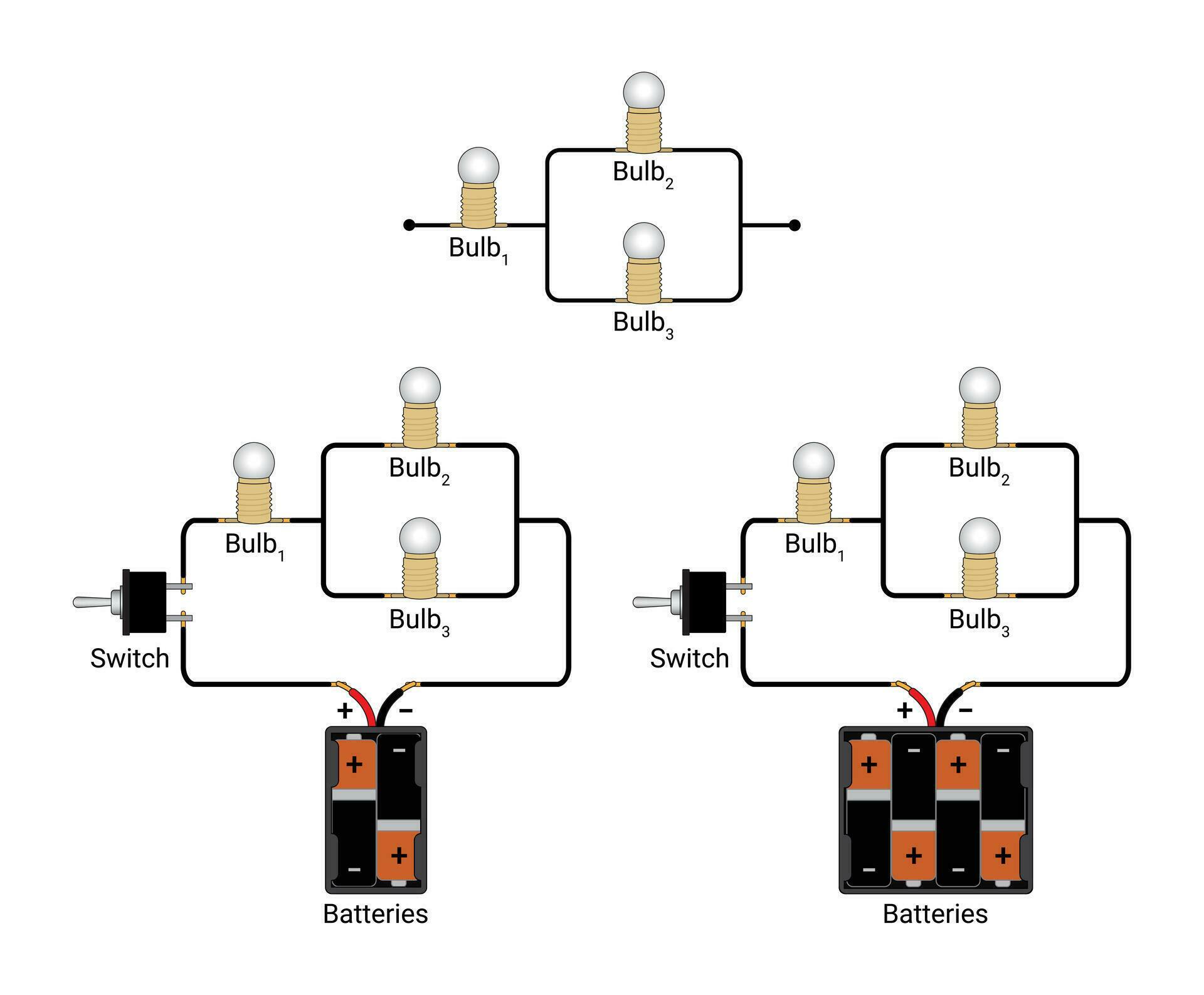 Three Bulbs Connected in Series Parallel Controlled by a Single Pole