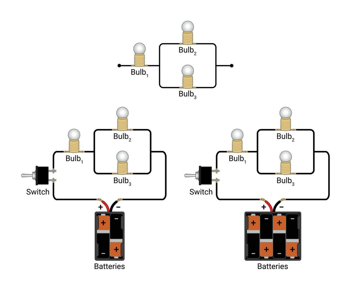 Three Bulbs Connected in Series Parallel Controlled by a Single Pole Switch vector