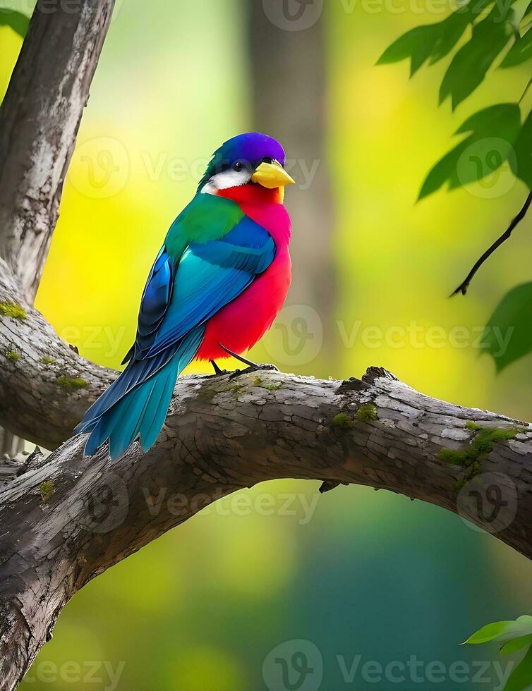 colorful bird sits on a branch in the forest ai generated photo