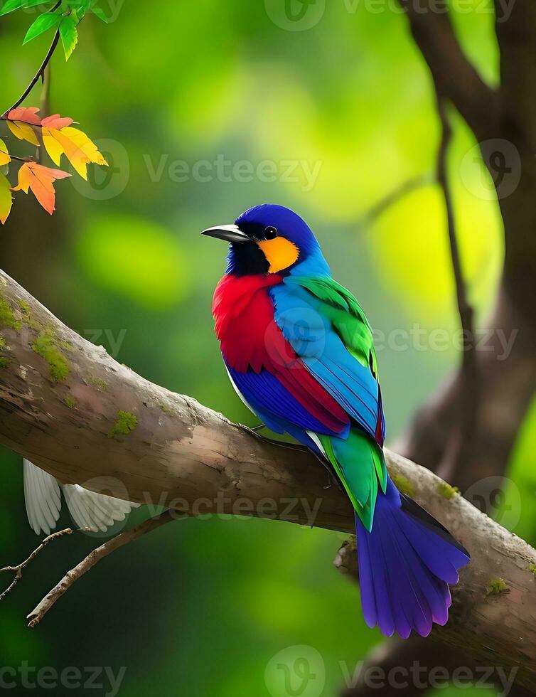 colorful bird sits on a branch in the forest ai generated photo