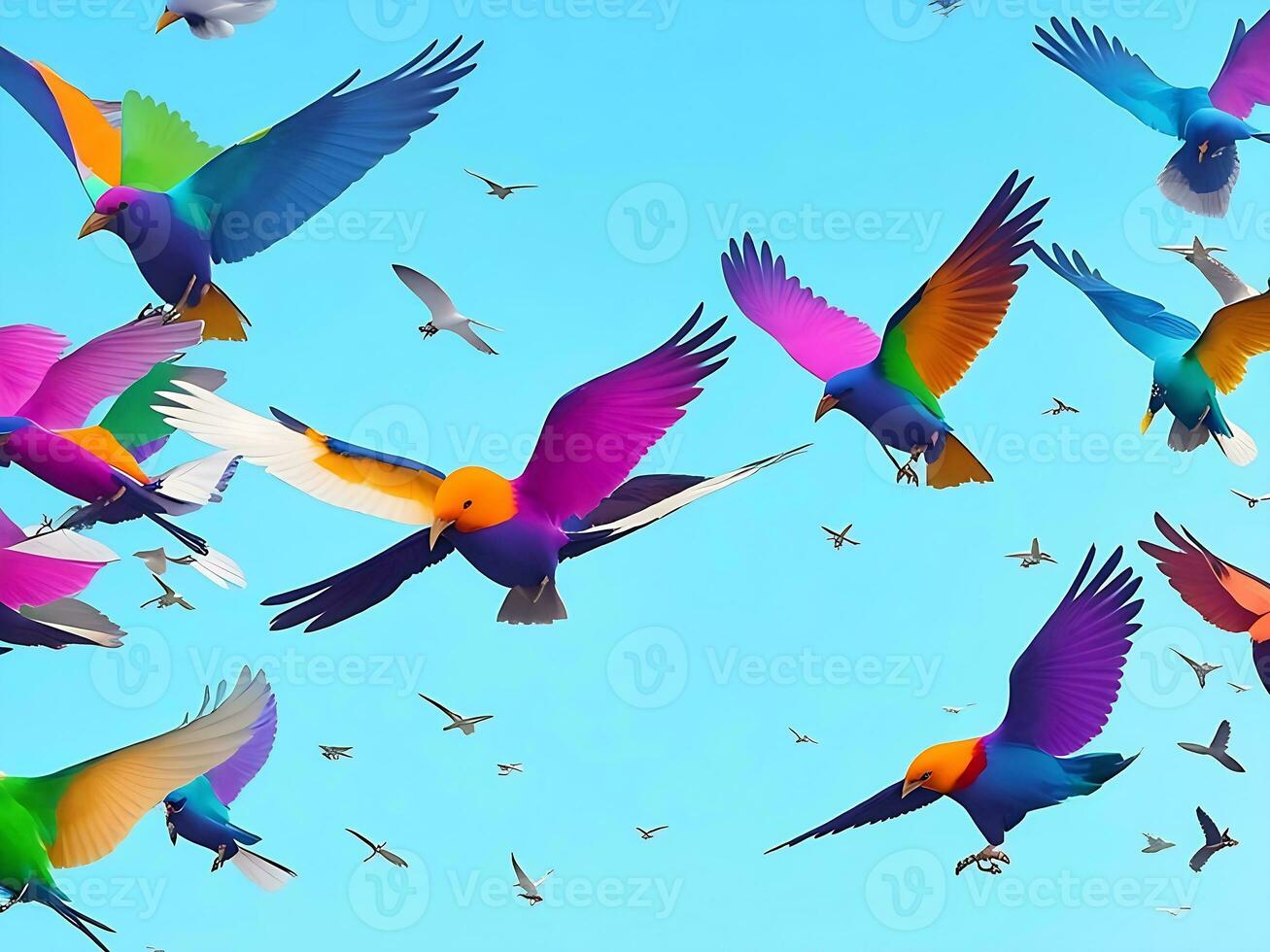 A group of colorful birds are flying in formation with one being flown by another. photo