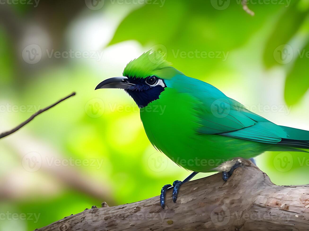 Selective focus shot of a beautiful green honeycreeper bird perched on a branch ai generated photo