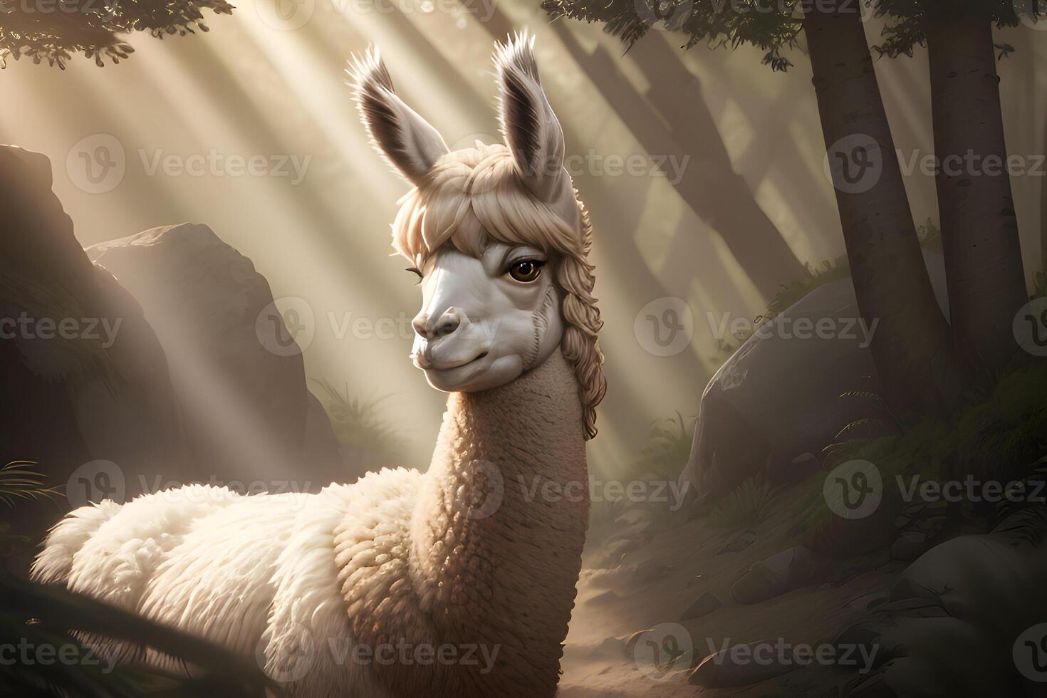 Llama in the forest, cinematic lighting. . photo