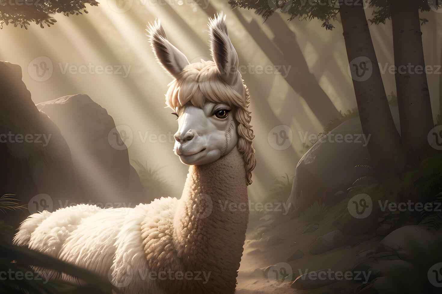 Llama in the forest, cinematic lighting. AI generative. photo