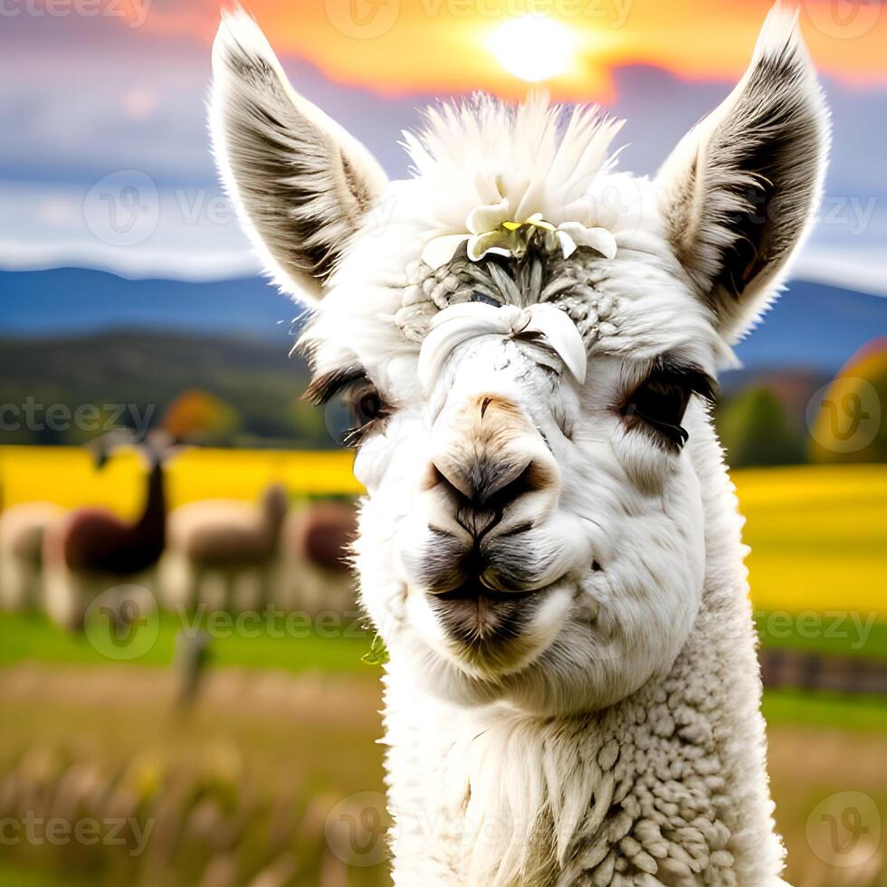 A llama portrait, village background. . photo