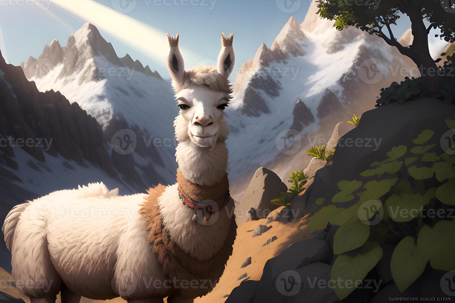 A llama with a dignity, portrait, mountains in the background and shrubs. AI generative. photo