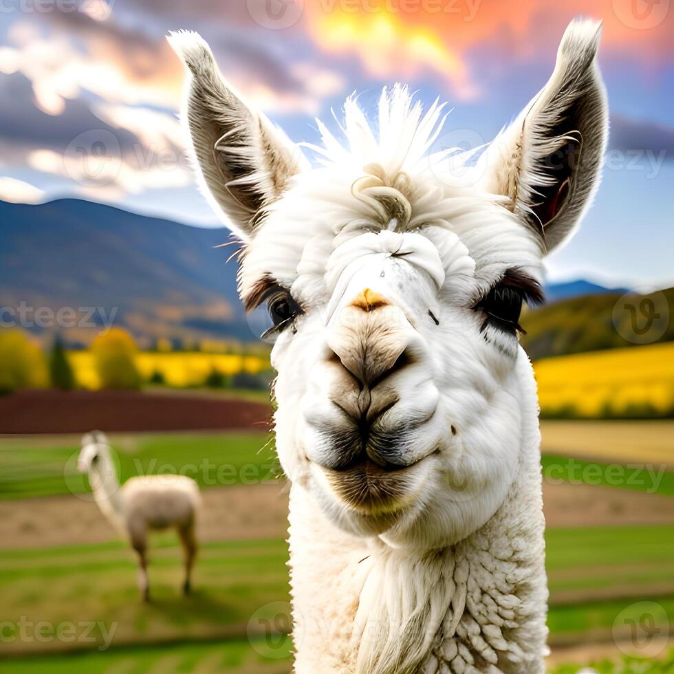 A portrait of a llama on the field. AI generative. photo