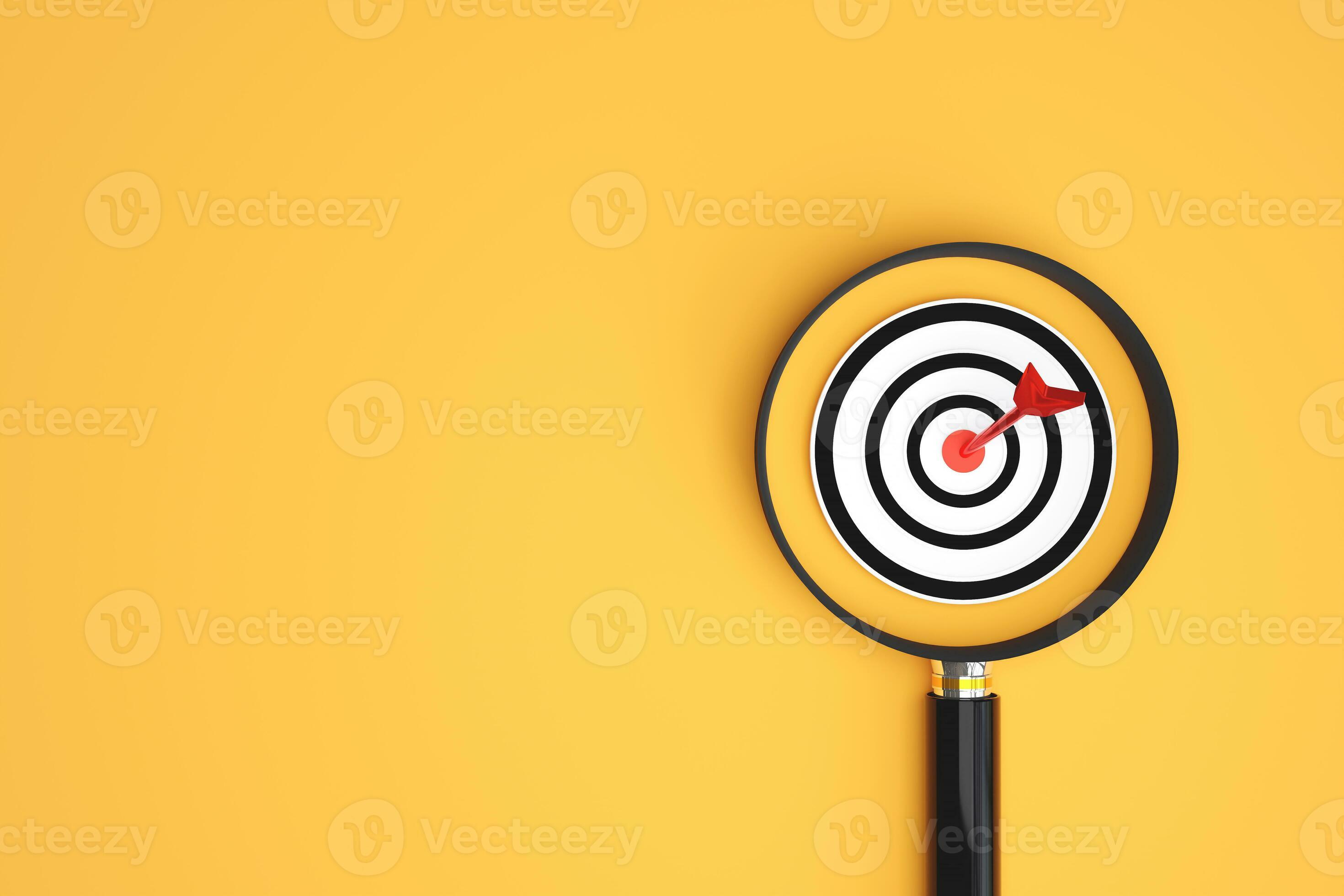 Target board inside a magnifying glass. concept of business idea