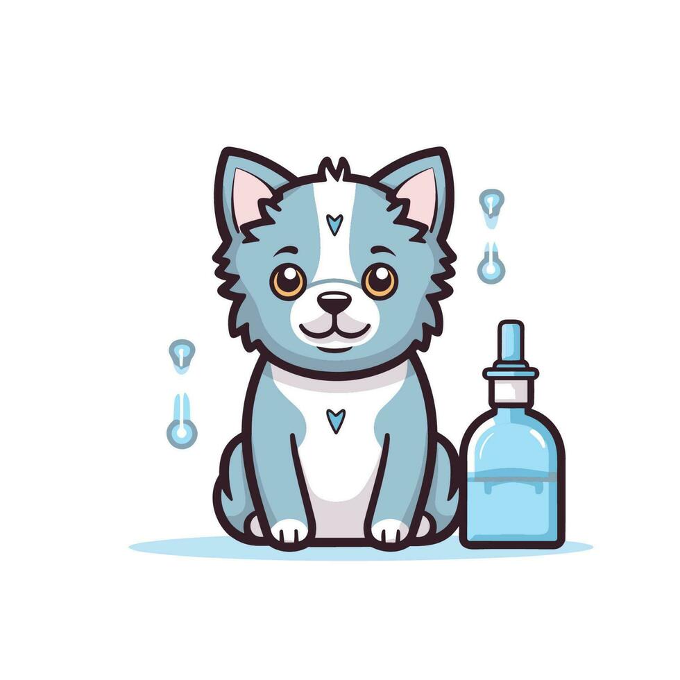 vector de un pequeño perro sentado siguiente a un botella de agua en un plano icono estilo