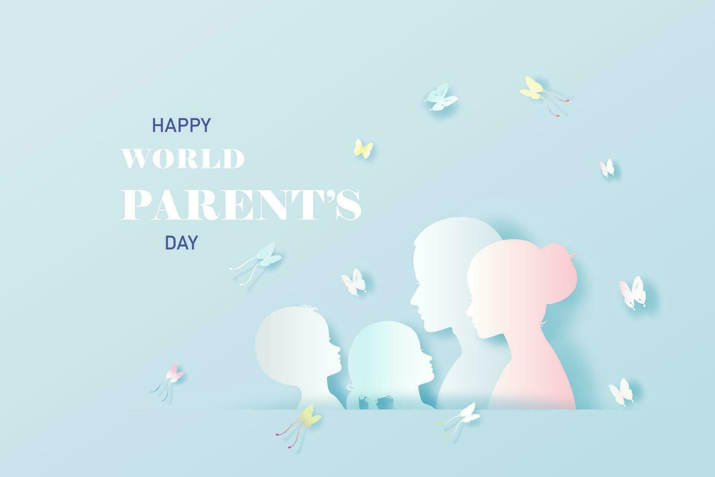 Happy World Parents Day with Mom and Father, Children's and Butterfly. vector