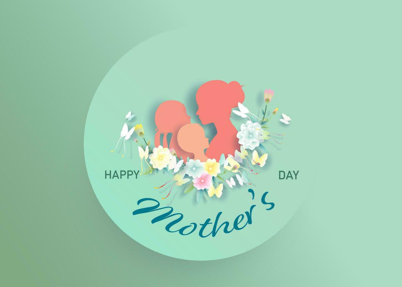 Happy Mother's Day with women, children and butterfly and flowers. vector