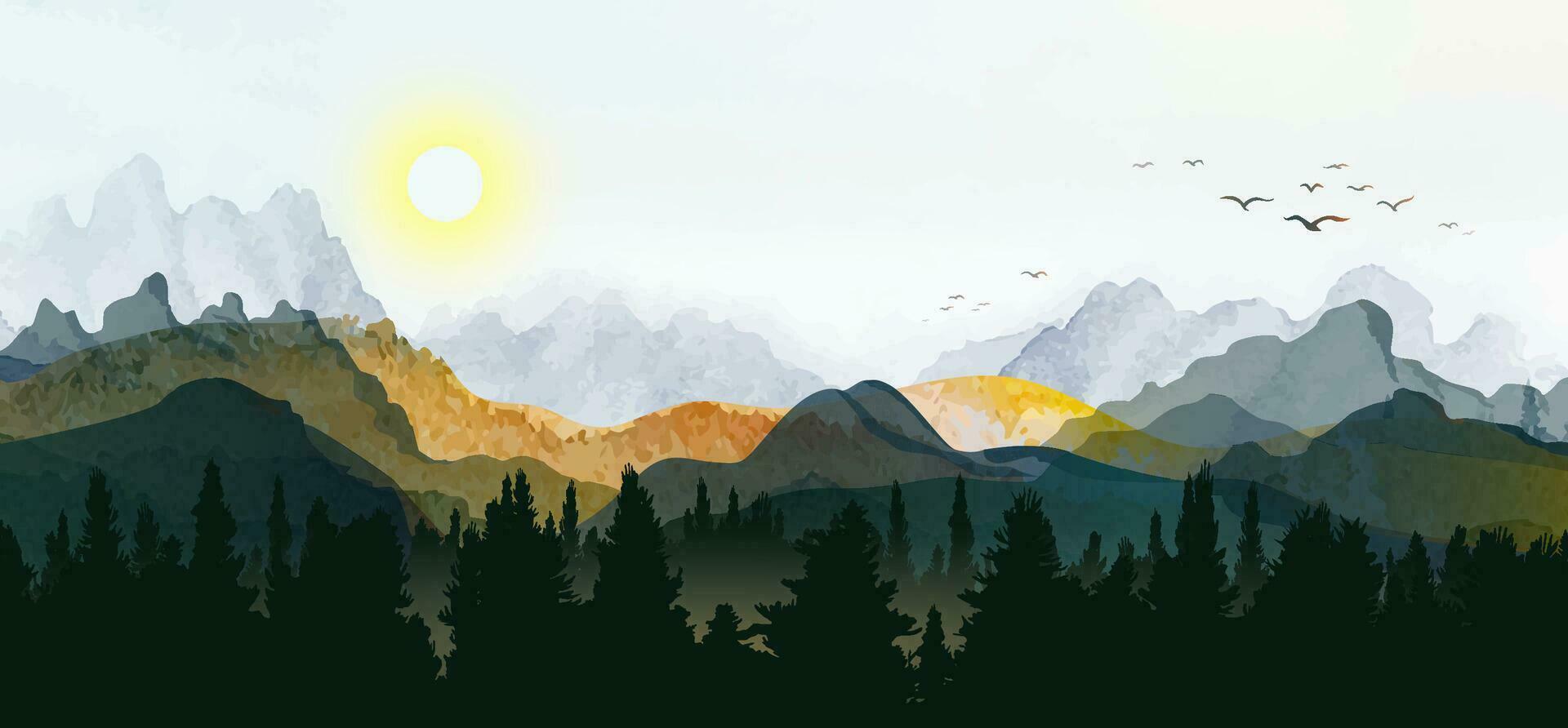 Minimal landscape art with painting brush background. vector