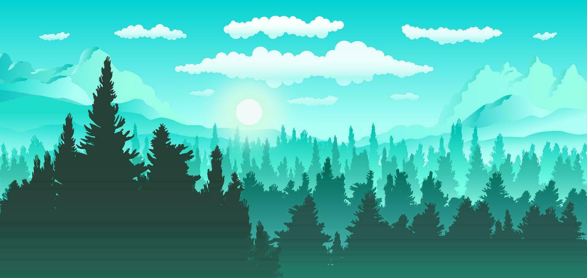 Vector panoramic landscape of forest with green and blue silhouettes of pine trees.