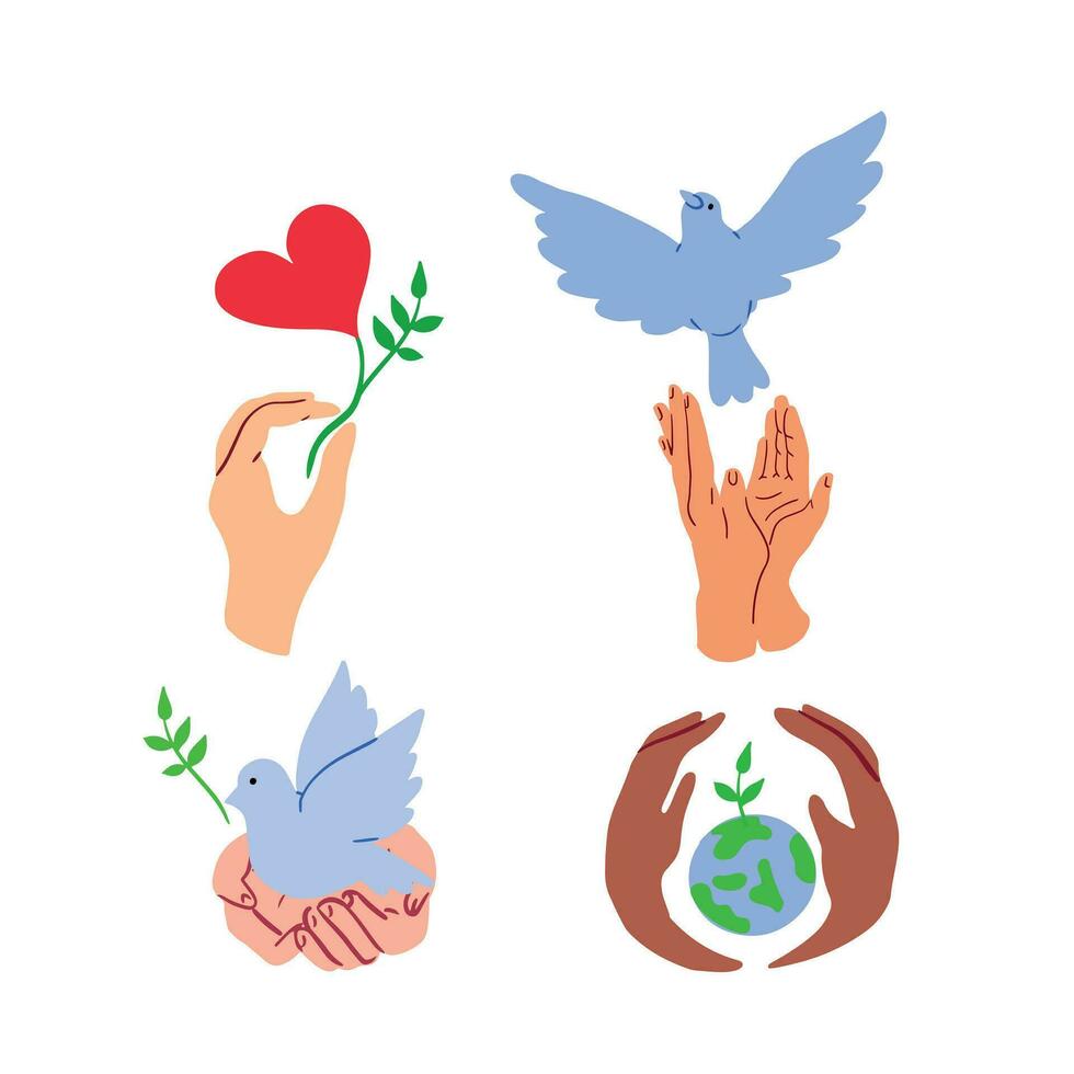 Nature protection emblems.Hands with dove,planet,heart.Environmental protection.Eco symbols.Vektor illustration. vector